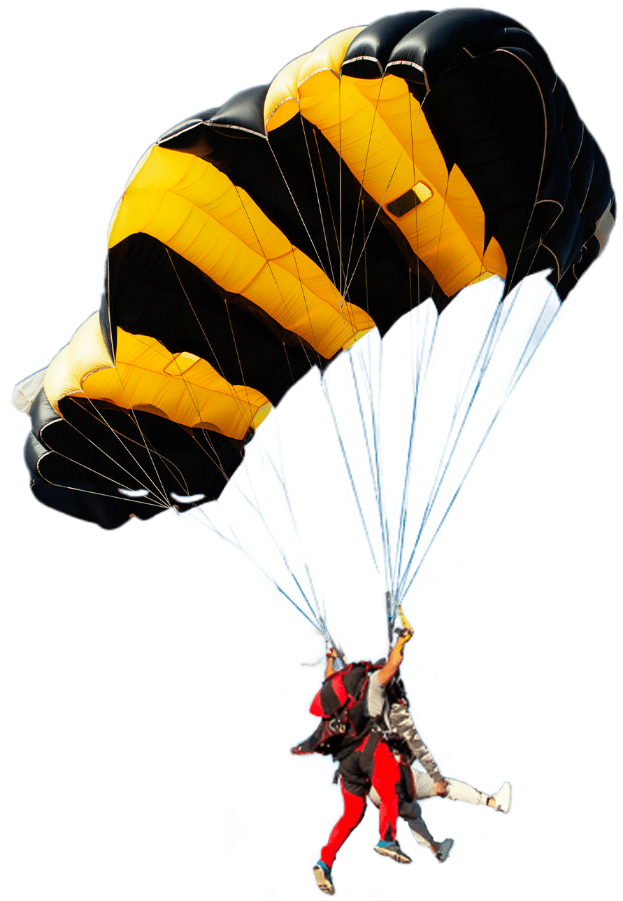 Mise en situation d'un saut en tandem avec le parachute déployé.