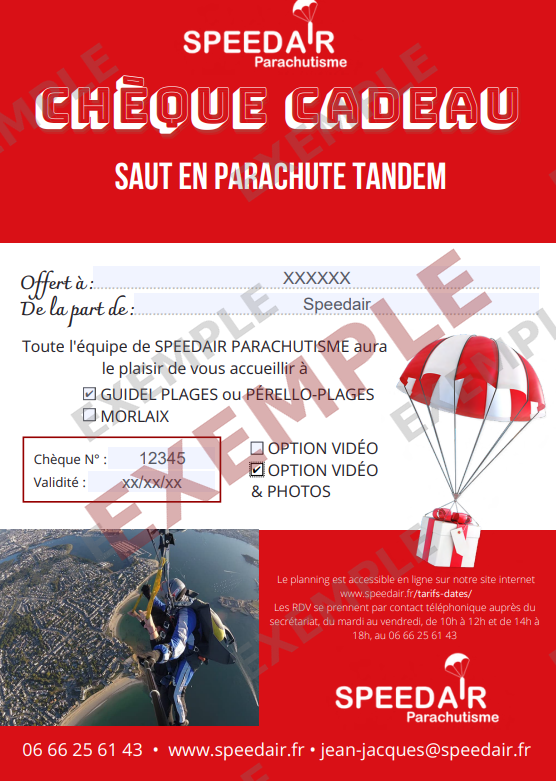 Exemple d'un bon cadeau pour un saut en parachute tandem